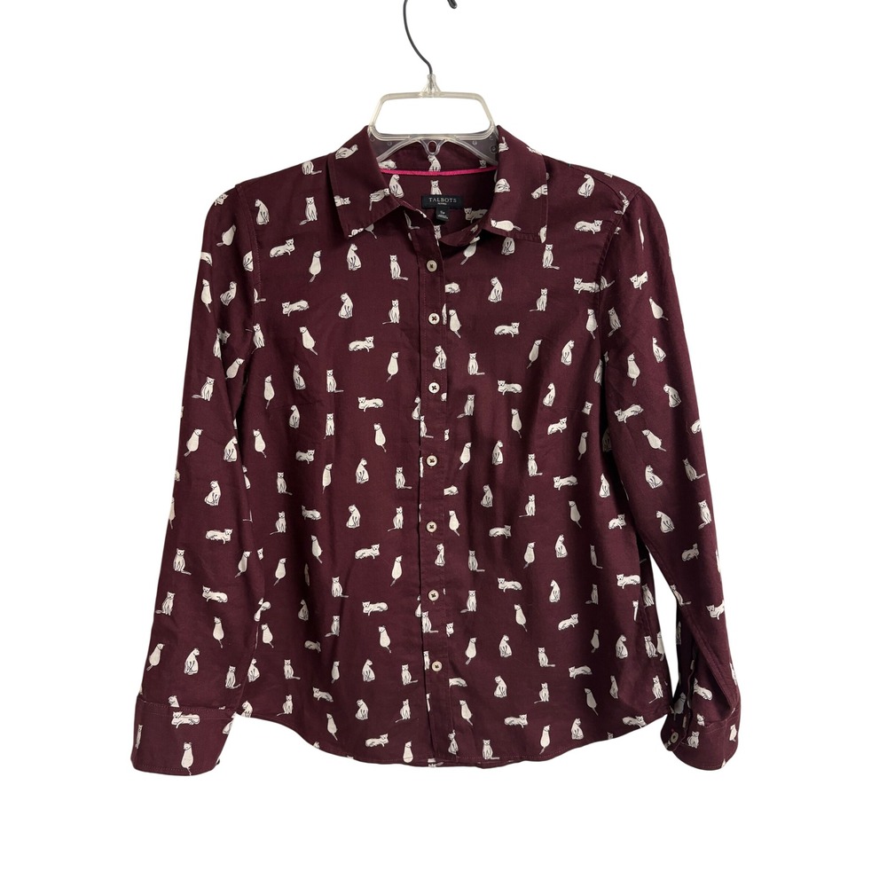 Talbots Petites Burgundy Cat Print Cotton Button Down Shirt Womens SP